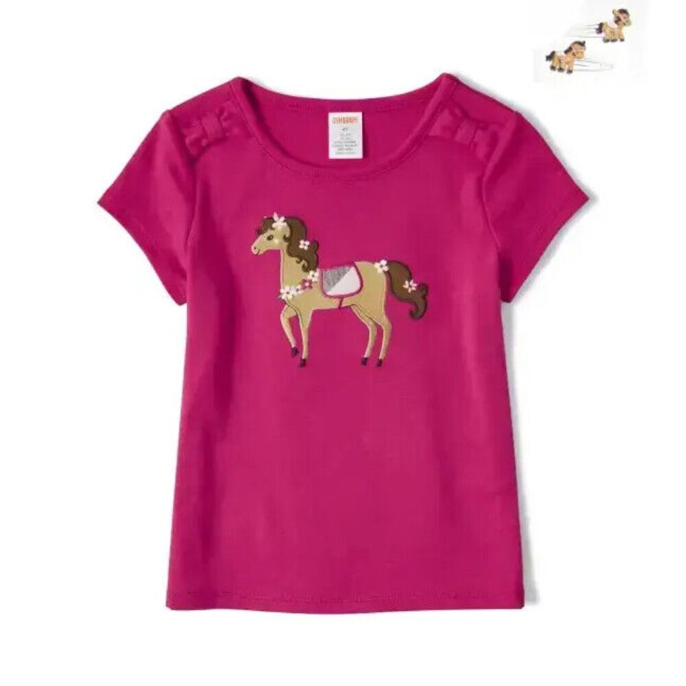 Gymboree Girls Embroidered Pony Club Horse Tee  3T 4T 5T Hair Clips NEW